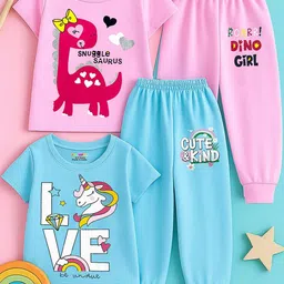 KUCHIPOO Girls Pack Of 2 Printed Round Neck T-Shirts With Joggers-50
