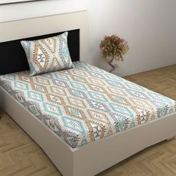 Divine Casa Camel Brown & White 144 TC Single Bedsheet with 1 Pillow Covers-image-93