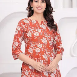 SZN Cotton Round Neck Three-Quarter Sleeves Rust Floral Printed Tunic-picture-26