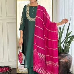KAUTIK FABRICS Women Floral Embroidered Regular Kurta with Trousers & With Dupatta-image-56