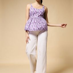 Istyle Can Women Floral Printed Shoulder Straps Pleated Detail Cotton Peplum Top-image-75