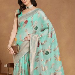Janasya Floral Woven Design Zari Jacquard Banarasi Saree With Blouse Piece-picture-46