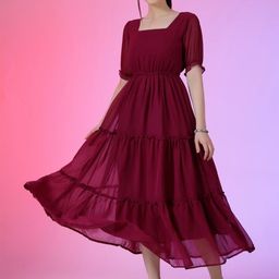 Femvy Solid Puff Sleeve Fit & Flare Midi Dress-18