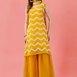 PARROT CREATION Women Embroidered Regular Sequinned Kurti with Sharara & With Dupatta-image-31