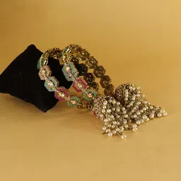 NMII Set Of 2 Gold-Plated Artificial Stone-Studded & Beaded Latkan Bangles image 2