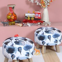 Shadowkart 2-Pcs Navy-Blue & Blue Printed Wooden Anti-Flip Round Ottoman Pouffes-image-14