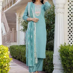 Navlik Women Floral Embroidered Regular Chanderi Silk Kurta with Trousers & With Dupatta-15