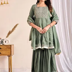 Yavie Ethnic Motifs EmbroideredRound Neck Sequinned Anarkali Kurta & Sharara & Dupatta-picture-52