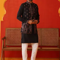 JompersFloral Embroidered Chikankari Kurta with Pyjamas & Waistcoat-26