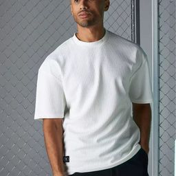 Maniac Men Solid White Self Design Round Neck Oversized Cotton T-shirt-image-25