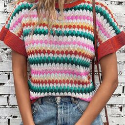 HERE&NOW Women Cable Knit Round Neck Short Sleeves Pullover Sweaters-image-76