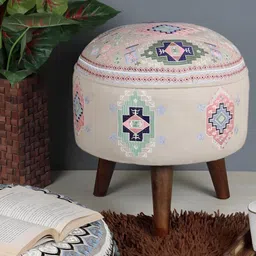 Decoghar Pink & Beige Printed Wooden Round Ottoman-11