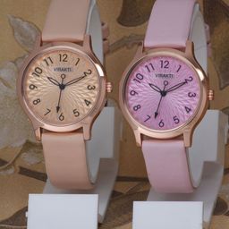 VIRAKTI Women Pack Of 2 Brass Dial & Leather Straps Analogue Watch F-74-CREAM-PINK-COMBO-picture-38