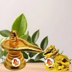 DARIDRA BHANJAN Gold-Toned 2 Pieces Shivling Nandeshwar Religious Idol Showpiece-90