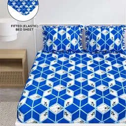 DREAM WEAVERZ Blue & Black Geometric 260 TC King Bedsheet with 2 Pillow Covers-image-14