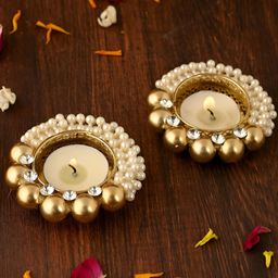 Aapno Rajasthan White & Gold-Toned 2 Pieces Embellished Metal Candle Holders-14