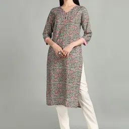 KALINI Floral Printed Three-Quarter Sleeves Pure Cotton Straight Kurta-image-50