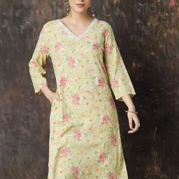 Melange by Lifestyle Floral Printed V-Neck Straight Kurta-image-49