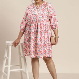 Sztori Plus Size Floral Print Tie-Up Neck Puff Sleeve A-Line Dress-picture-28