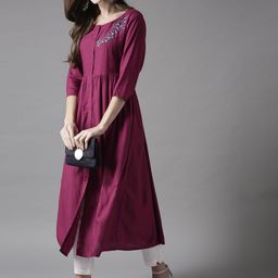 HERE&NOW Embroidered Wine Viscose Kurta-image-47