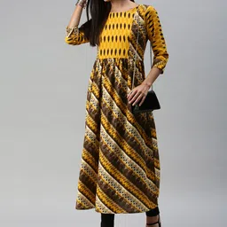 SheWill Women Mustard Yellow & Brown Printed Anarkali Kurta-image-51