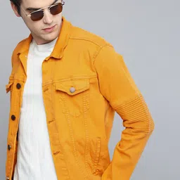 HERE&NOW Men Mustard Yellow Solid Denim Jacket-picture-7