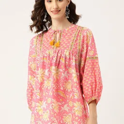 Jaipur Morni Pink & Yellow Floral Print Tie-Up Neck Top-picture-52