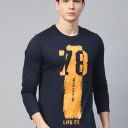 Roadster Men Navy Blue  Mustard Yellow Printed Round Neck Pure Cotton T-shirt-image-40