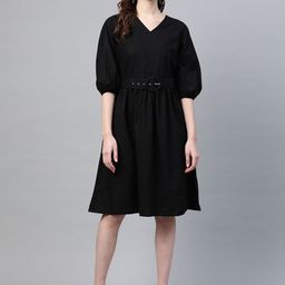plusS Black Cotton A-Line Dress With Belt-image-34