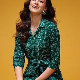 HERE&NOW Bandhani Print Belted Shirt Midi Ethnic Dress-image-61