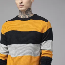 The Roadster Lifestyle Co. Men Navy Blue & Mustard Yellow Striped Fine Knit Pullover-image-63