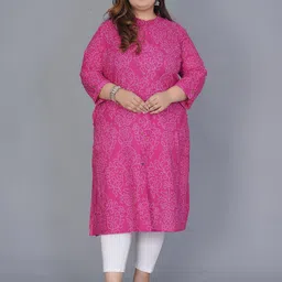 Gs Fashions Plus Size Floral Printed Mandarin Collar Pure Cotton Straight Kurta-picture-11
