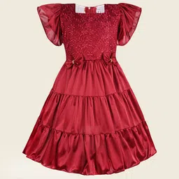 Wish Karo Girls Floral Embroidered Square Neck Satin Fit & Flare Dress-picture-48