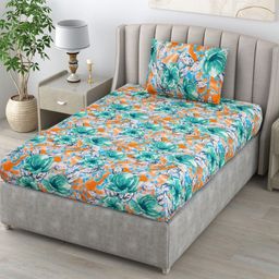 BOMBAY DYEING Green & Orange Floral 104 TC Single Bedsheet with 1 Pillow Covers-image-66