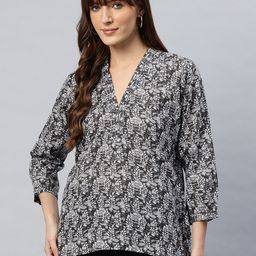One Femme Ikat Print Puff Sleeve Cotton Top-image-77