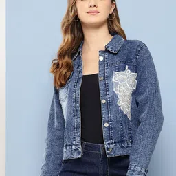 BAESD Women Geometric Cotton Lightweight Denim Jacket with Patchwork-image-26