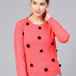 STREET 9 Women Coral Pink Pom-Pom Detail Self Design Pullover-5
