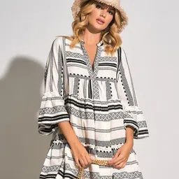 MANOJAVA Abstract Printed Flared Sleeve Layered Fit & Flare Dress image 2