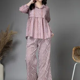 FABINALIV Floral Printed Notched Lapel Collar Pure Cotton Top With Pyjama-image-39