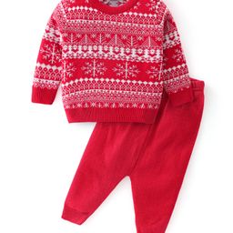 Babyhug Knitted Full Sleeves Snow Design Sweater Set - Red-image-44