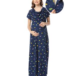 Bella Mama Cotton Woven Half Sleeves Ducklings Printed Nighty with Concealed Zipper - Navy Blue-picture-19