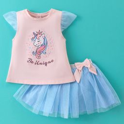 ToffyHouse 100% Knitted Cotton Cap Sleeves Top & Skirt Set Unicorn Print - Peach-picture-37