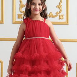 Mark & Mia Sleeveless Party Frocks With Floral Applique  - Red-image-99