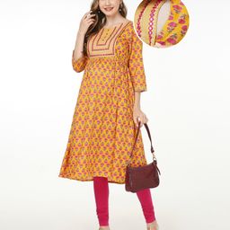 Bella Mama Viscose Woven Three Fourth Sleeves Printed With Embroidered Yoke Maternity Kurta with Pocket - Yellow-image-77