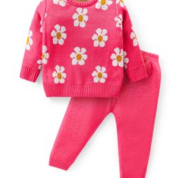 Babyhug Knitted Full Sleeves Pullover Sweater Set with Floral Design - Pink-image-53