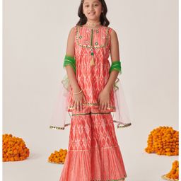 Pspeaches Cotton Sleeveless Ethnic Abstract Printed & Mirror Work Embellished Kurta Sharara With Dupatta - Peach-image-27
