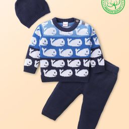 Babyhug Knitted Full Sleeves Pullover Sweater Set with Cap & Whale Design - Navy Blue-picture-28