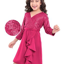 Hola Bonita Knit Full Sleeves All over sequin front overlaping with Scuba Ruffle Party Dress - Fuchsia-image-70