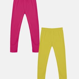 Kiddopanti Pack Of 2 Solid Leggings - Fuchsia & Yellow-image-93
