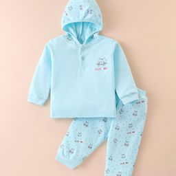 Tango Interlock Full Sleeves Hooded Night Suit With Kitten Print - Aqua-image-91